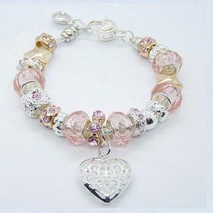 Pink Transparent Beads Pandora Like Charm Bracelet